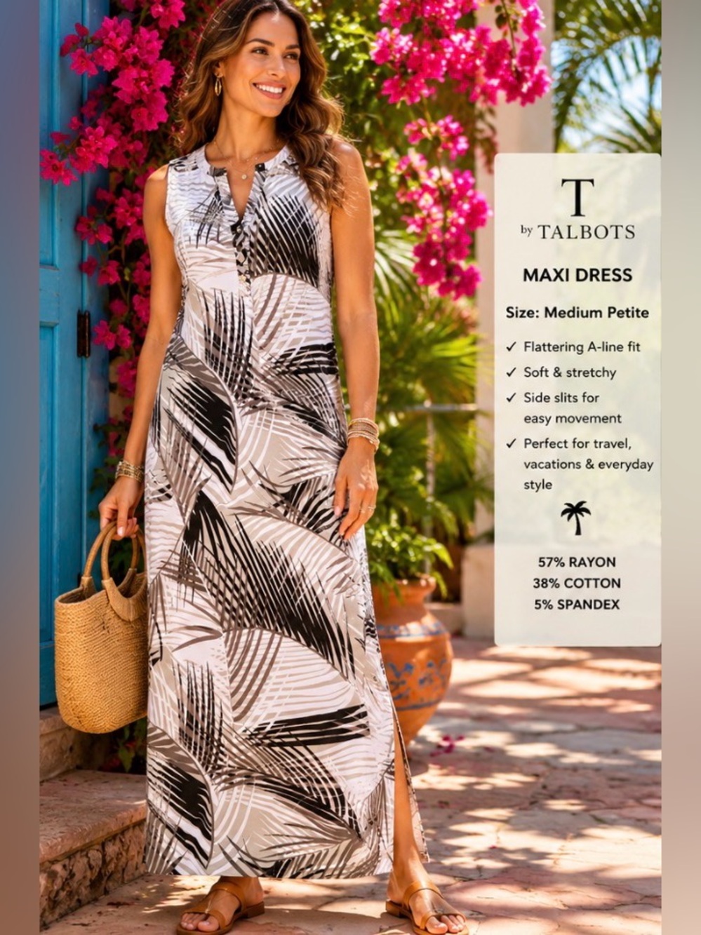 T by Talbots Tropical Palm Print Maxi Dress – Medium Petite –Sleeveless Stretch - Picture 3 of 10